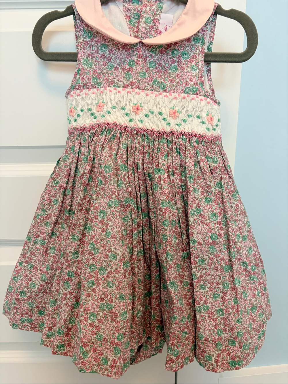 Pink Floral Smocked Kids Dress with Peter Pan Collar